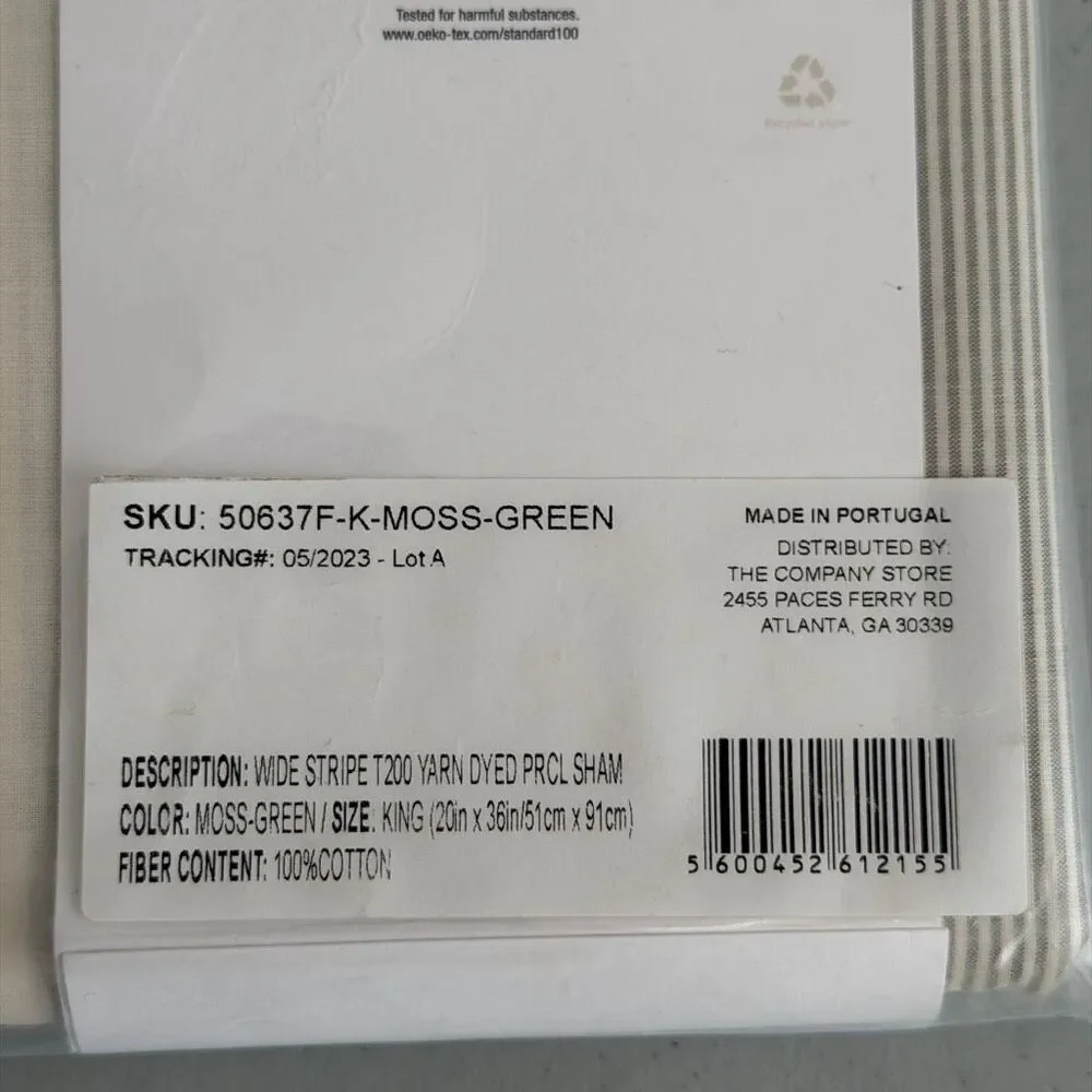 The Company Store NWT Moss Green Wide Stripes 100% Cotton Percale Sham- King